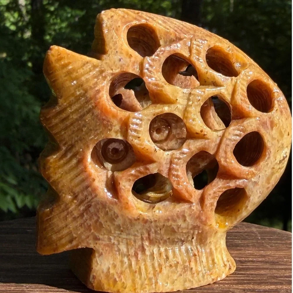 Figurine‎ Soapstone Fish Carved Amber Brown Reticulated Stone Vintage Decor